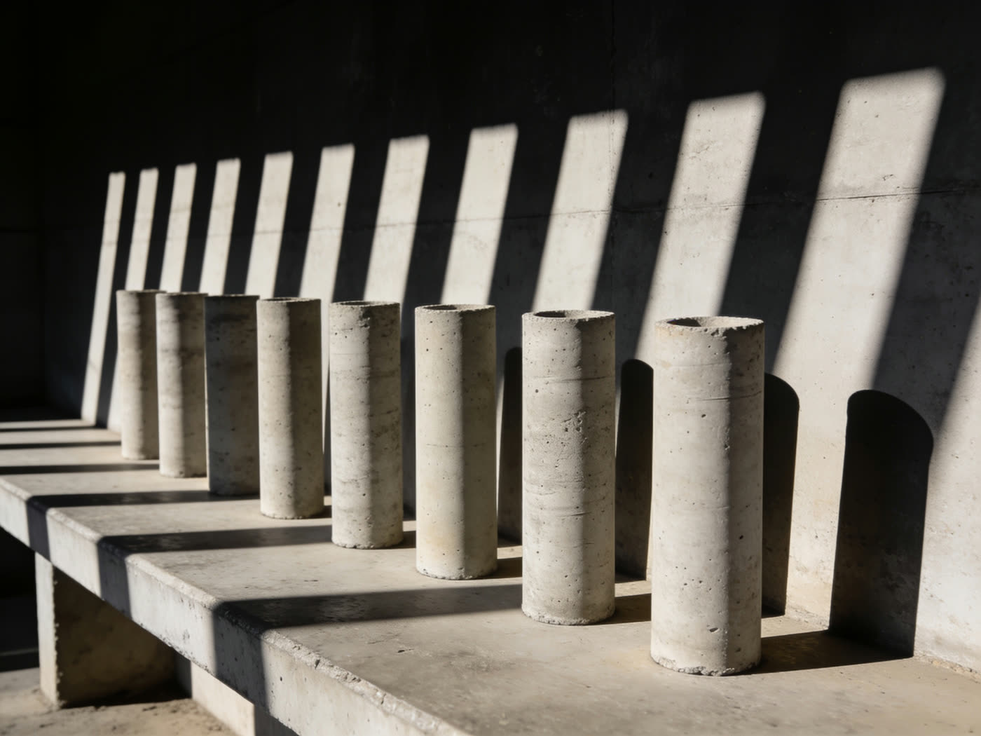 Núcleos de concreto de distinta altura alineados bajo luz rasante